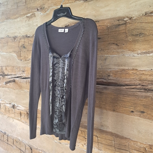 Cato Brown Satin Front Rayon & Nylon Split Neck Tie Sweater Size XL - Picture 5 of 9